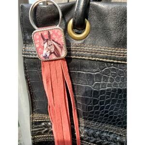 Handmade mule lover boho Leather Fringe Western bag charm, Long fringe keychain